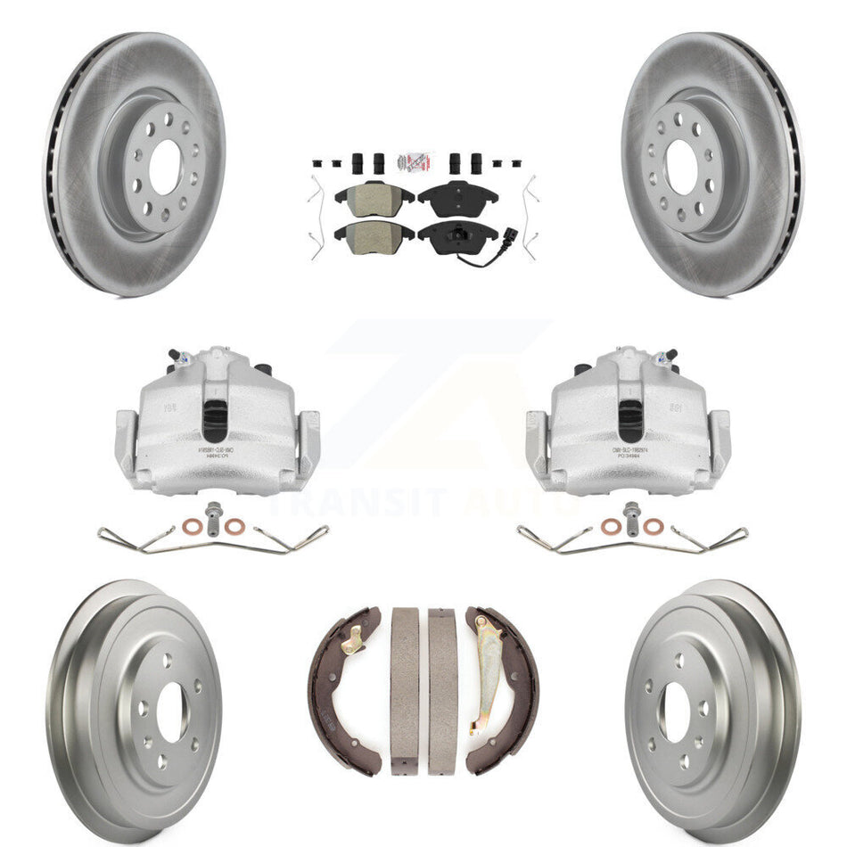 Front Rear Disc Brake Caliper Coated Rotors Drums Semi-Metallic Pads Kit (8Pc) For Volkswagen Jetta With 312mm Diameter Rotor KCG-101355N