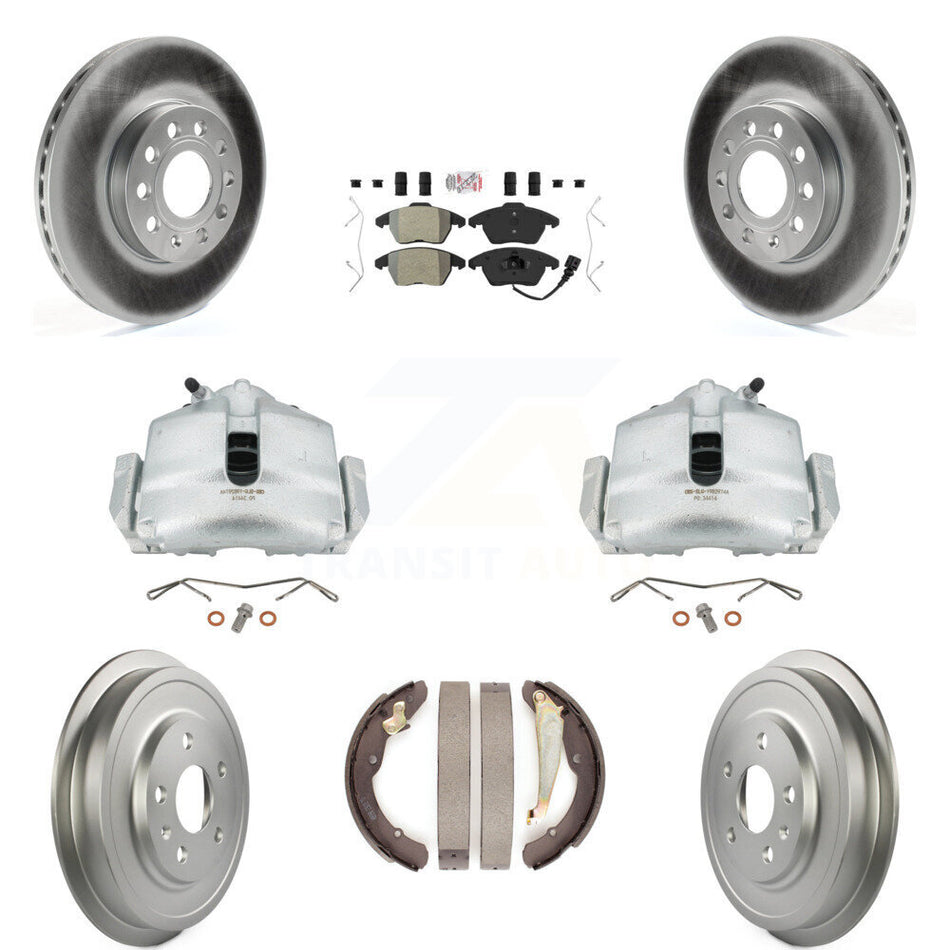 Front Rear Disc Brake Caliper Coated Rotors Drums Semi-Metallic Pads Kit (8Pc) For Volkswagen Jetta With 288mm Diameter Rotor KCG-101357N