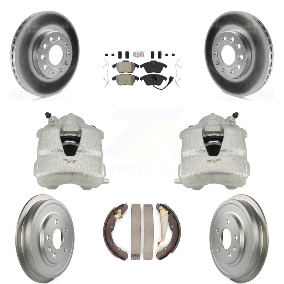 Front Rear Disc Brake Caliper Coated Rotors Drums Semi-Metallic Pads Kit (8Pc) For Volkswagen Jetta With 288mm Diameter Rotor KCG-101358N
