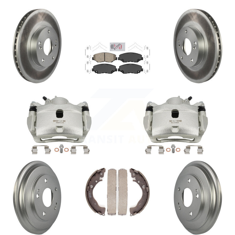Front Rear Disc Brake Caliper Coated Rotors Drums Ceramic Pads Kit (8Pc) For Honda Civic KCG-101364N