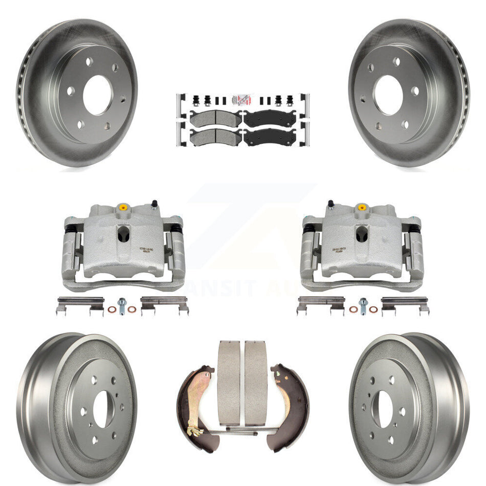Front Rear Disc Brake Caliper Coated Rotors Drums Semi-Metallic Pads Kit (8Pc) For Chevrolet Silverado 1500 GMC Sierra Classic KCG-101407N