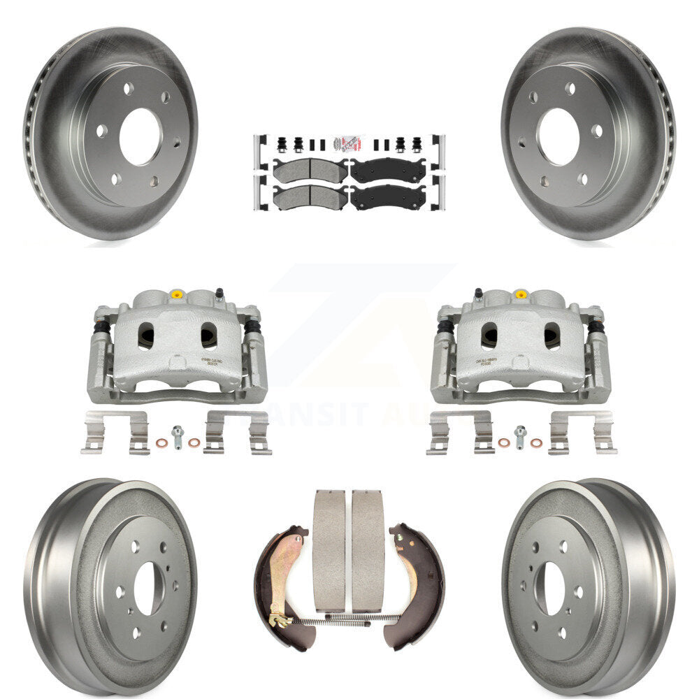 Front Rear Disc Brake Caliper Coated Rotors Drums Semi-Metallic Pads Kit (8Pc) For KCG-101411N