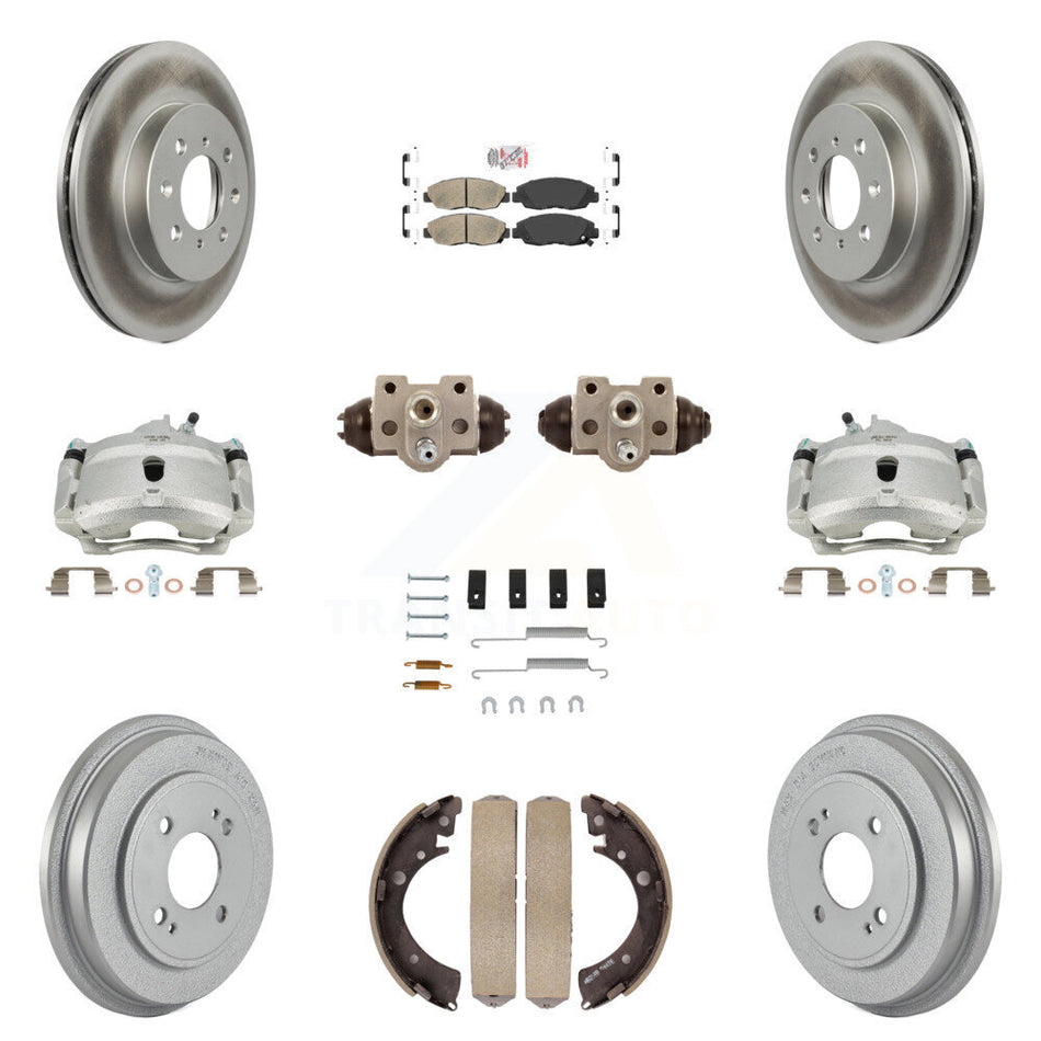 Front Rear Disc Brake Caliper Coated Rotors Drums Ceramic Pads Shoes Wheel Cylinders And Hardware Kit (11Pc) For Honda Civic KCG-101433N