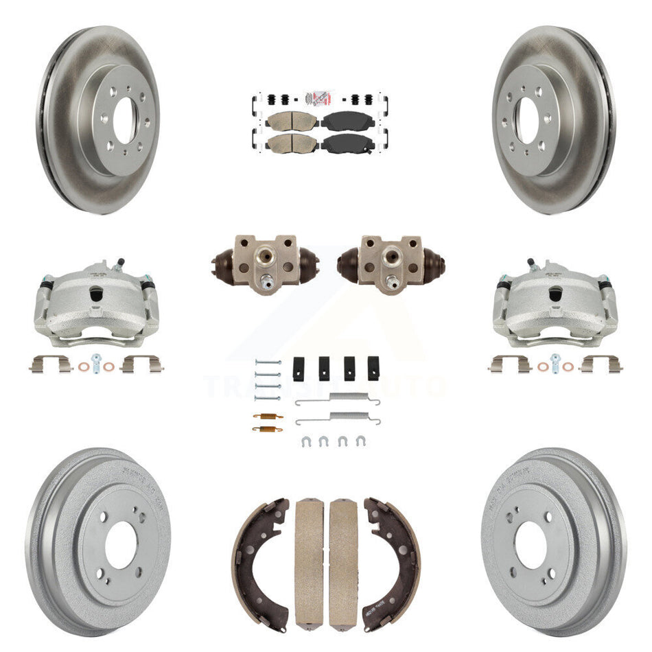 Front Rear Disc Brake Caliper Coated Rotors Drums Ceramic Pads Shoes Wheel Cylinders And Hardware Kit (11Pc) For Honda Civic KCG-101434N