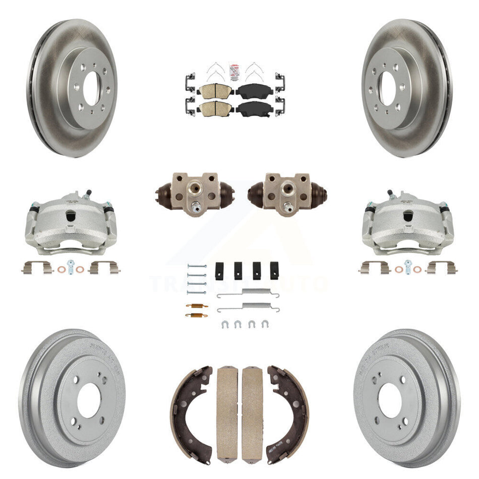 Front Rear Disc Brake Caliper Coated Rotors Drums Ceramic Pads Shoes Wheel Cylinders And Hardware Kit (11Pc) For Honda Civic With 4 Lug Wheels KCG-101435N