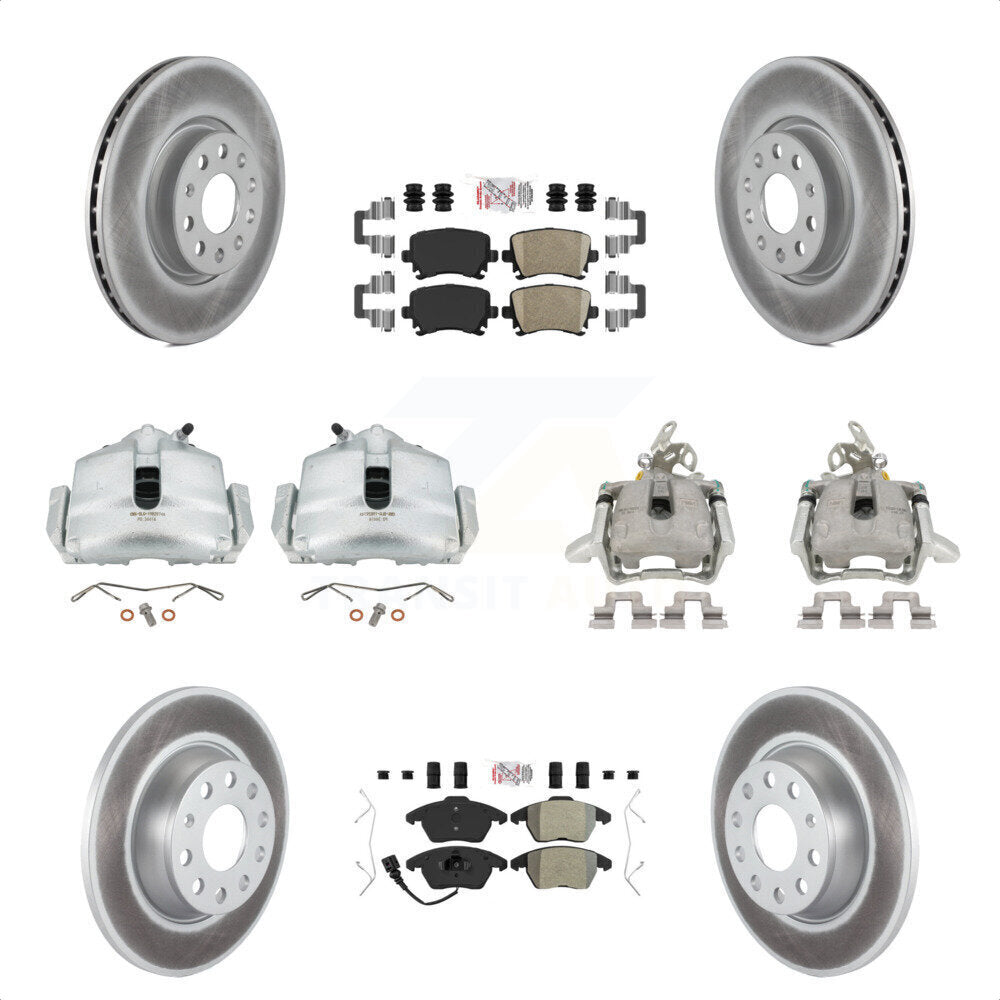 Front Rear Disc Brake Caliper Coated Rotors And PADSMATERIAL Pads Kit (10Pc) For Volkswagen GTI KCG-102695N by Transit Auto