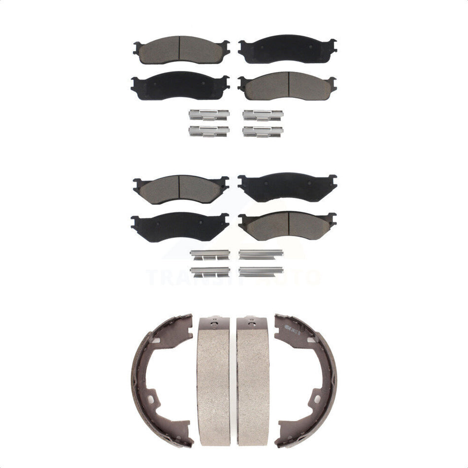 Front Rear Ceramic Brake Pads And Parking Shoes Kit For Dodge Ram 1500 2500 3500 KCN-100162