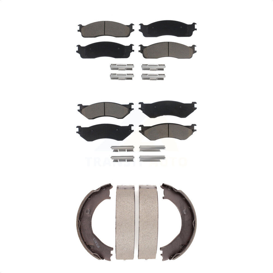 Front Rear Ceramic Brake Pads And Parking Shoes Kit For 2003-2005 Dodge Ram 2500 3500 KCN-100199