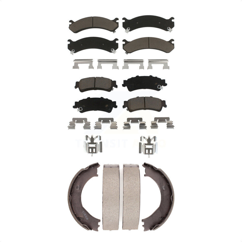Front Rear Ceramic Brake Pads And Parking Shoes Kit For 2001-2001 Chevrolet Silverado 3500 GMC Sierra KCN-100201