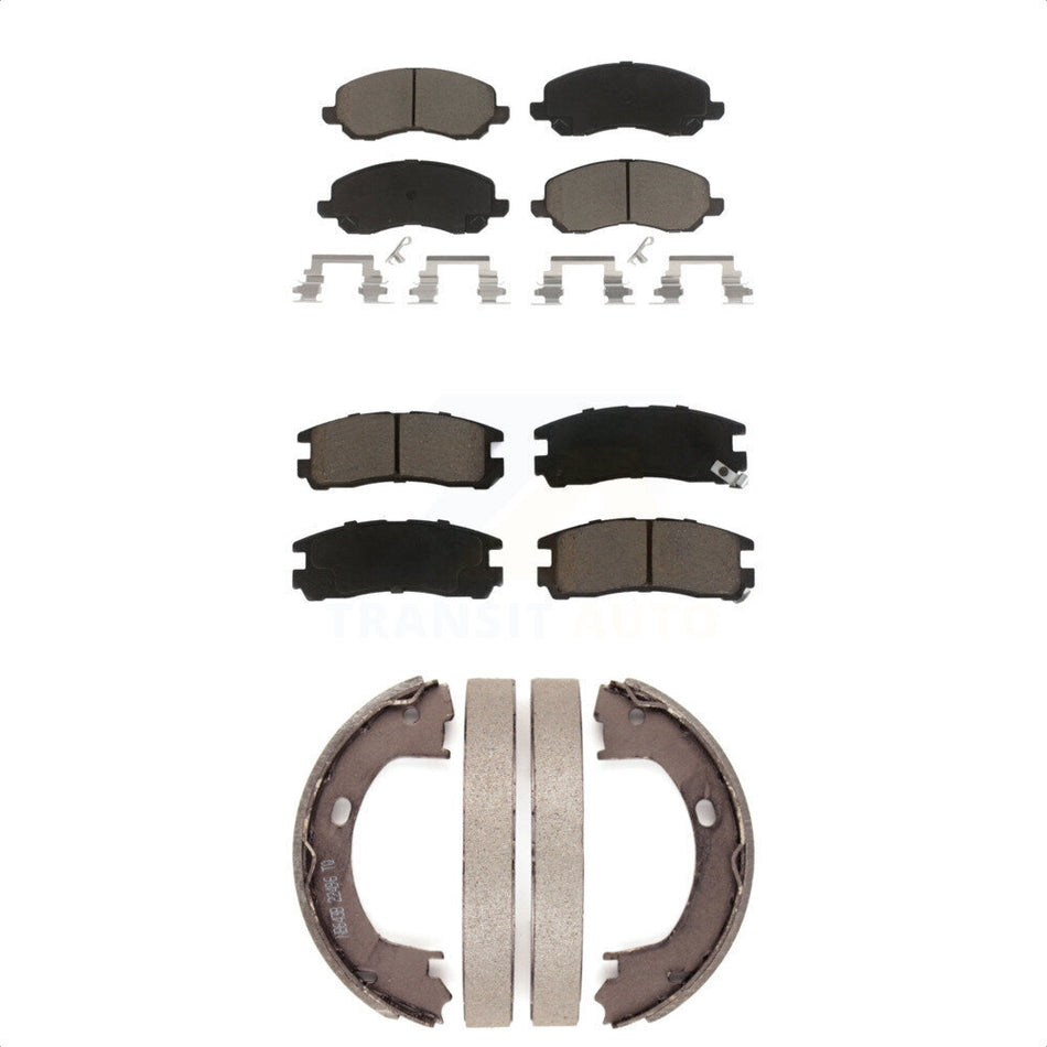 Front Rear Ceramic Brake Pads And Parking Shoes Kit For 2001-2005 Dodge Stratus Coupe with Disc rear brakes KCN-100247