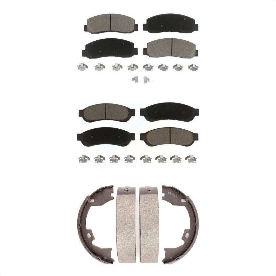 Front Rear Ceramic Brake Pads And Parking Shoes Kit For 2005-2007 Ford F-350 Super Duty With Dual Wheels KCN-100255