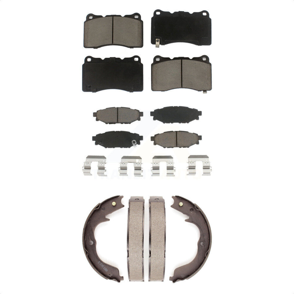 Front Rear Ceramic Brake Pads Parking Shoes Kit For 14 Subaru WRX With 15" Factory Wheels KCN-100283