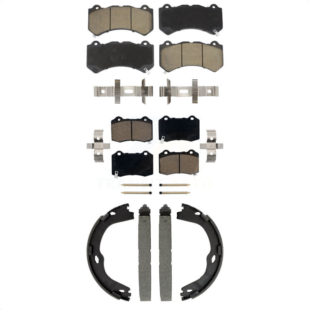 Front Rear Ceramic Brake Pads And Parking Shoes Kit For 2016 Cadillac CTS V with RWD KCN-100825