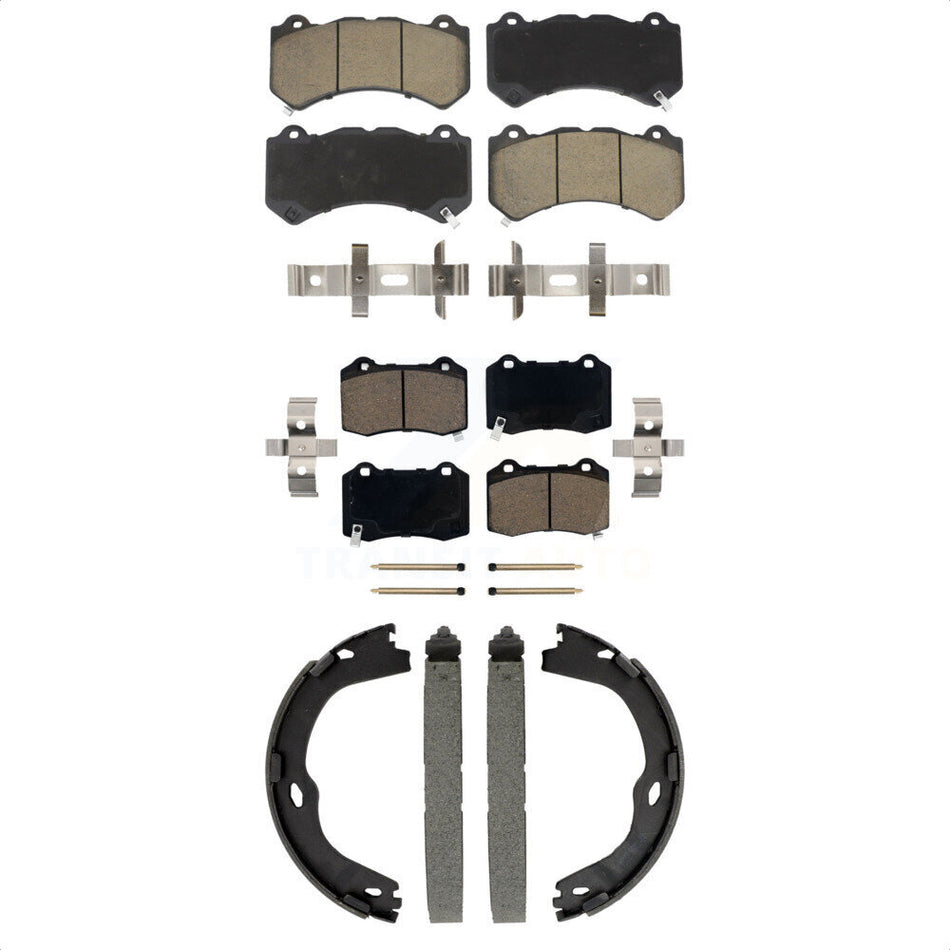 Front Rear Ceramic Brake Pads And Parking Shoes Kit For 2016 Cadillac CTS V with RWD KCN-100825