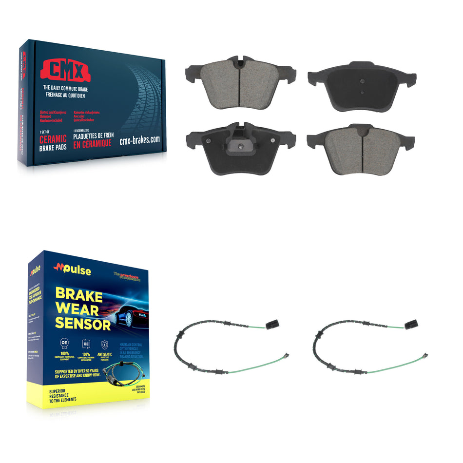 Front Ceramic Brake Pad & Wear Sensor Pair Kit For 13-15 Jaguar XF with 356mm Rotor KCW-101170