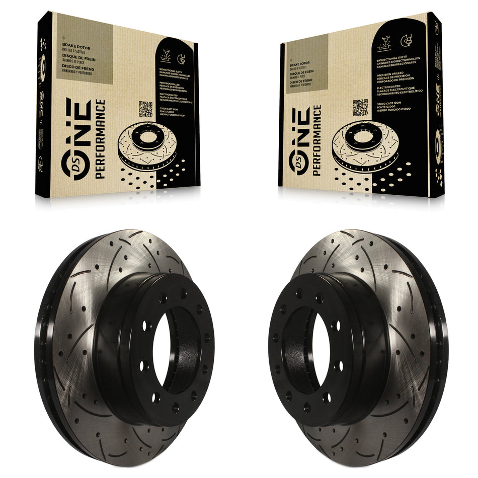 Front Coated Drilled Slotted Disc Brake Rotors Pair For Ford F-350 Super Duty F-250 F-450 F-550 International CF500 CF600 KD-100010