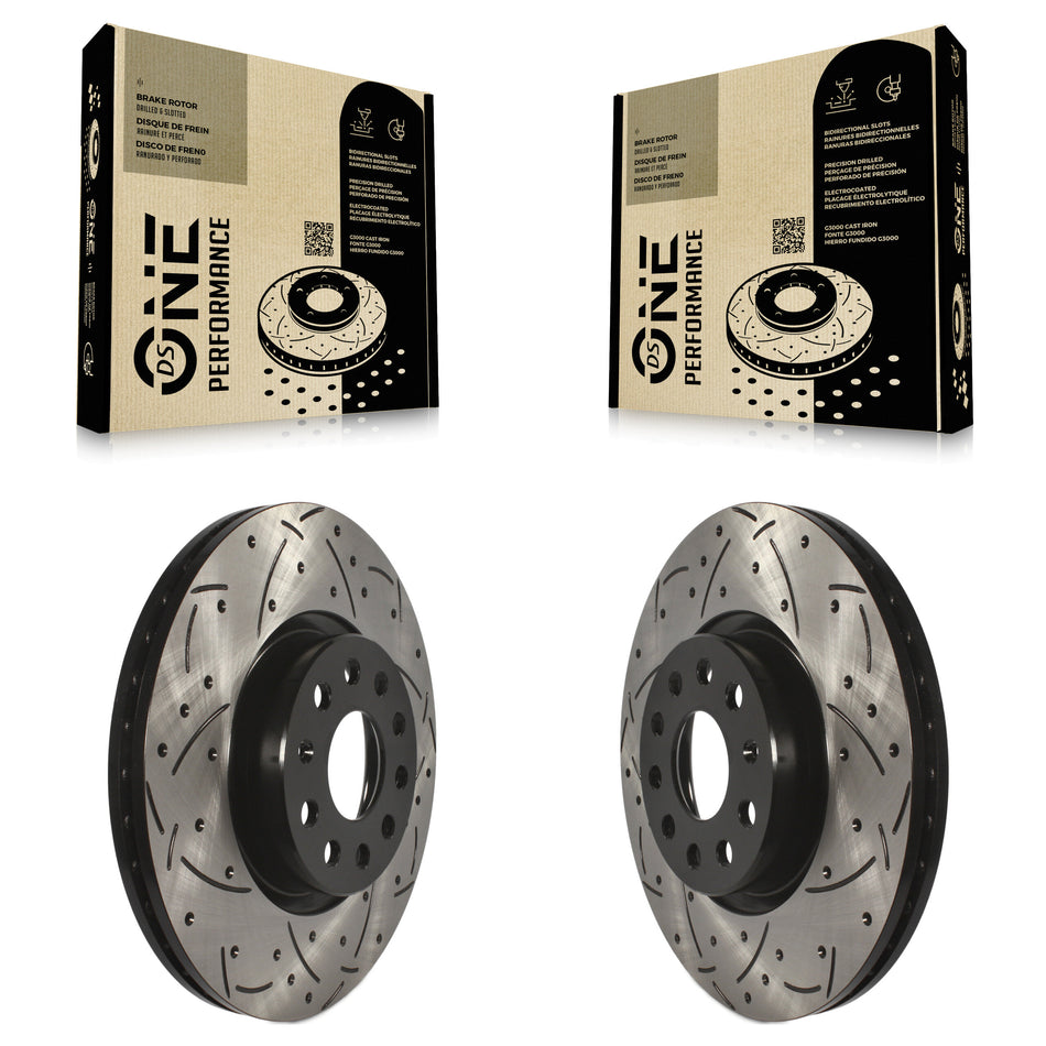 Front Coated Drilled Slotted Disc Brake Rotors Pair For Volkswagen Jetta Passat Audi Tiguan GTI Beetle CC A3 Q3 Eos Quattro Golf Alltrack TT Sportback e-tron Limited Taos KD-100045