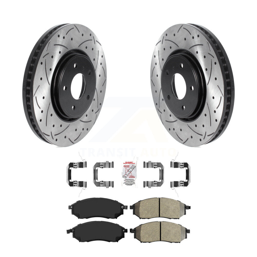 Front Coat Drill Slot Disc Brake Rotors Semi-Metallic Pad Kit For INFINITI FX35 FX37 FX45 KDA-100153