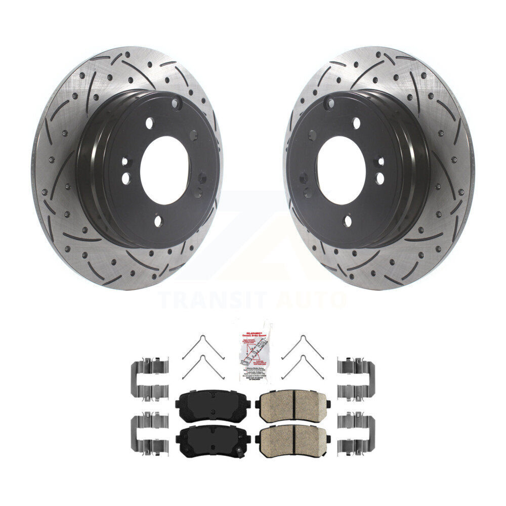 Rear Coated Drilled Slot Disc Brake Rotor & Ceramic Pad Kit For Hyundai Sonata Kia Optima KDA-102214