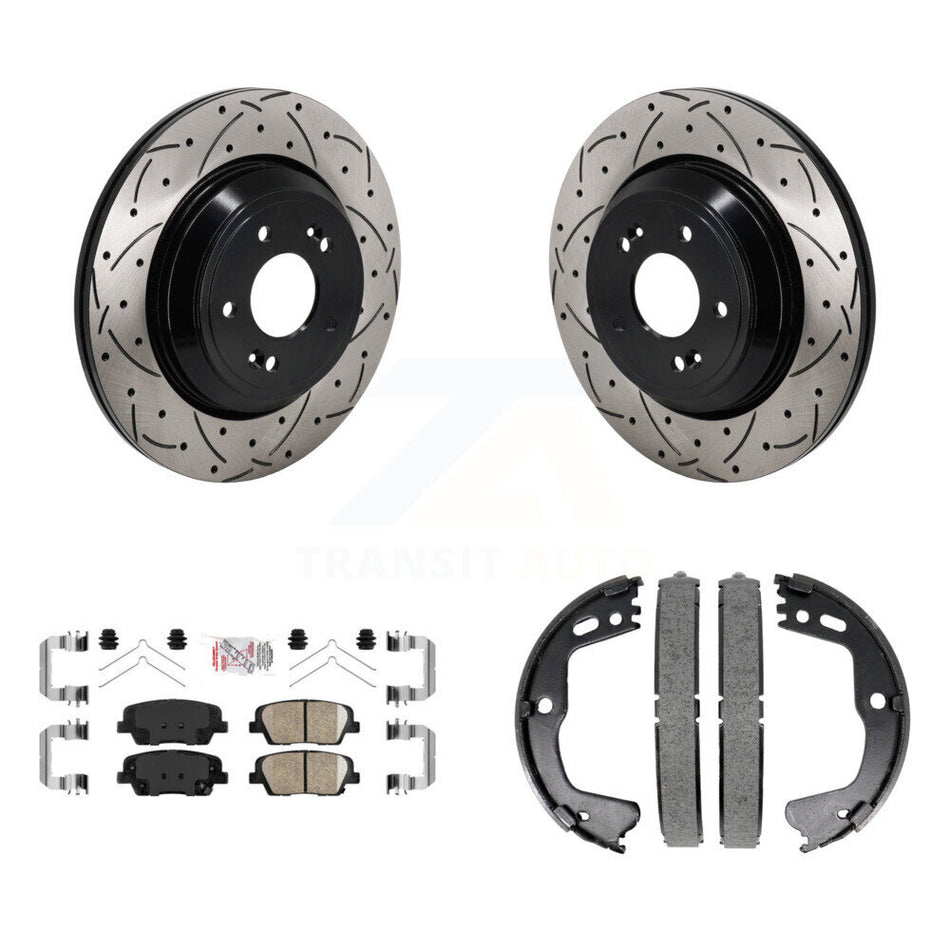 Rear Disc Drilled & Slotted Rotors Ceramic Pads Parking Shoes Kit For Genesis G80 3.3L KDA-103211