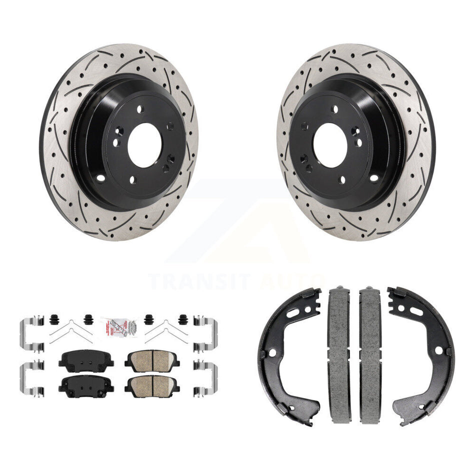 Rear Disc Drilled & Slotted Rotors Ceramic Pads Parking Shoes Kit For Kia Stinger Genesis KDA-103214