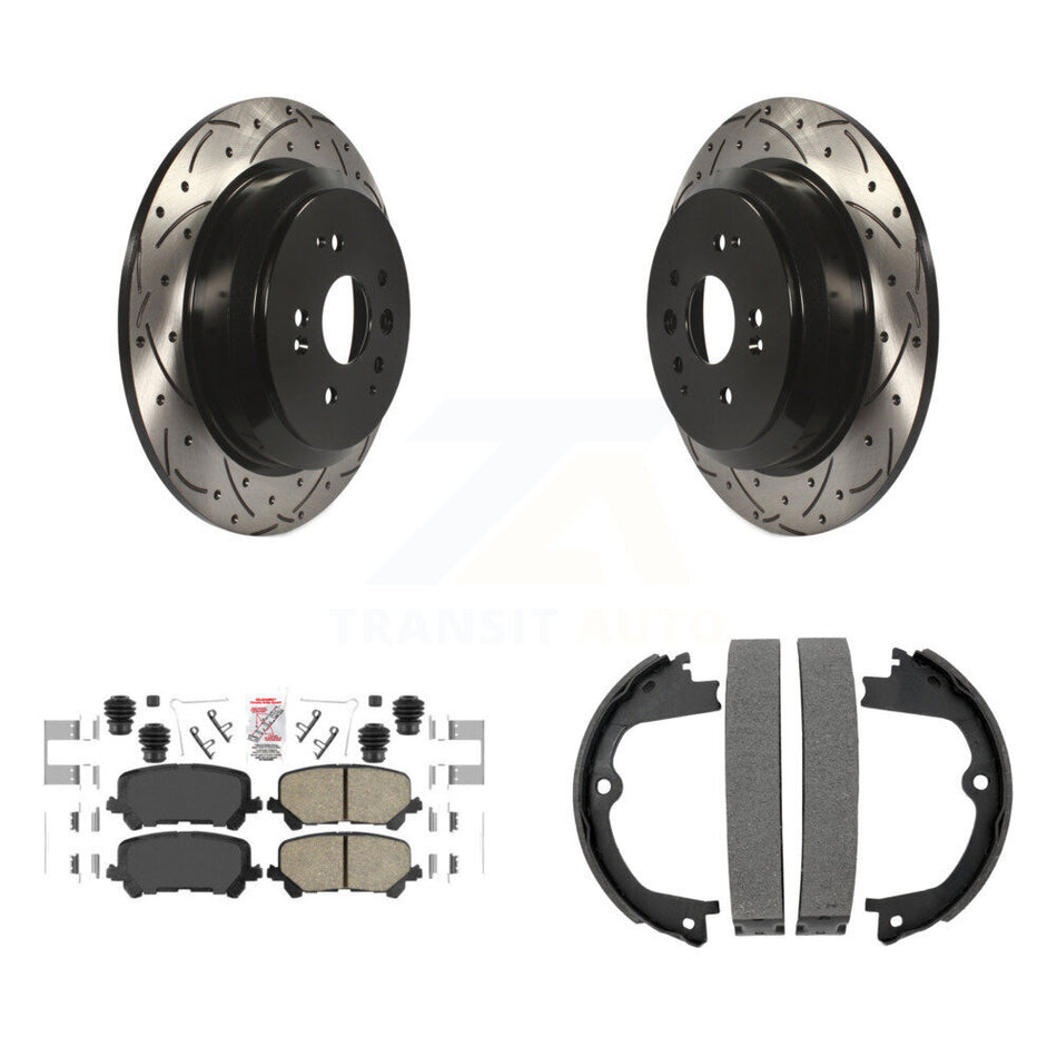Rear Disc Drilled & Slotted Rotors Ceramic Pads Parking Shoes Kit For 2014-2016 Acura MDX KDA-103215