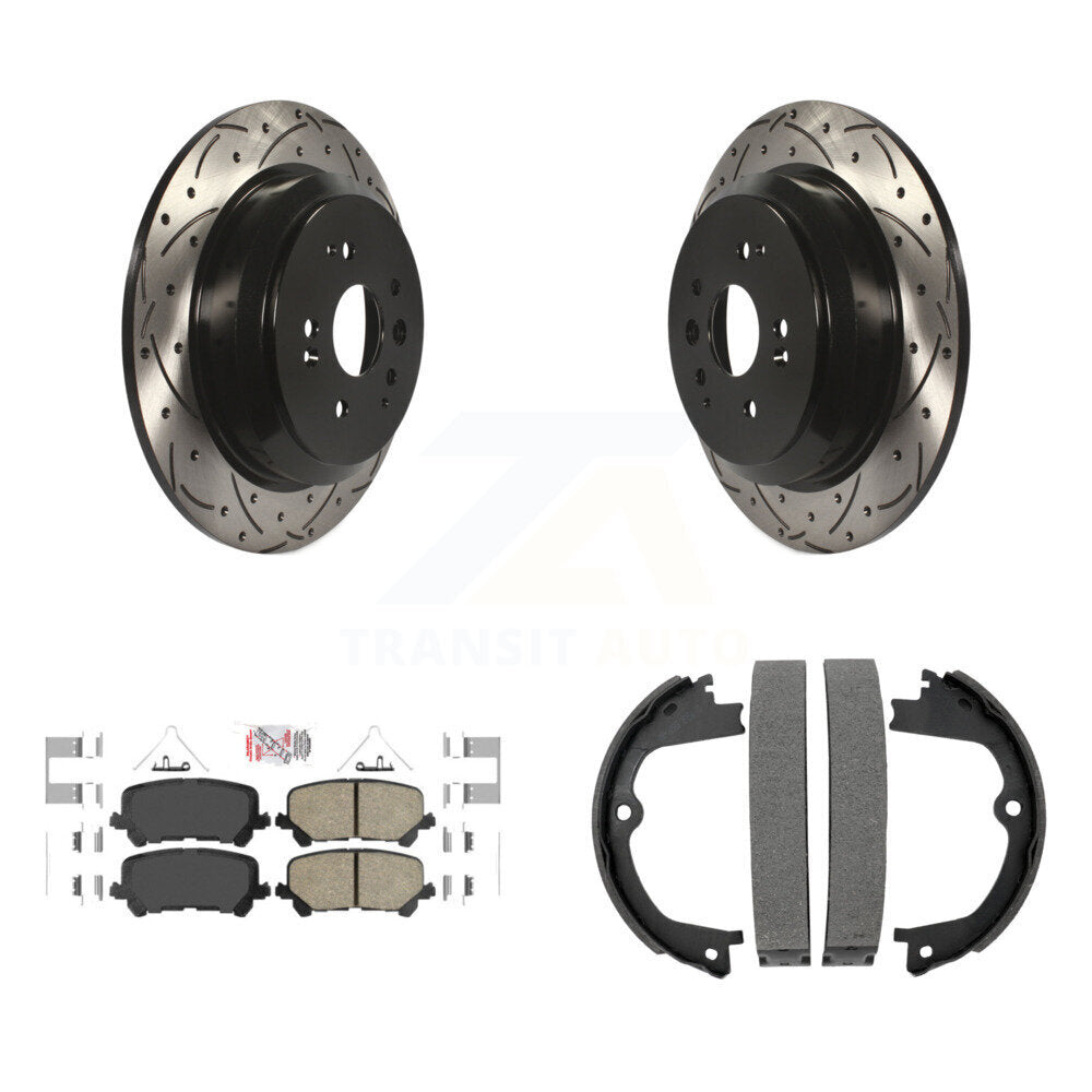 Rear Disc Drilled & Slotted Rotors Ceramic Pads Parking Shoes Kit For 2014-2016 Acura MDX KDA-103216