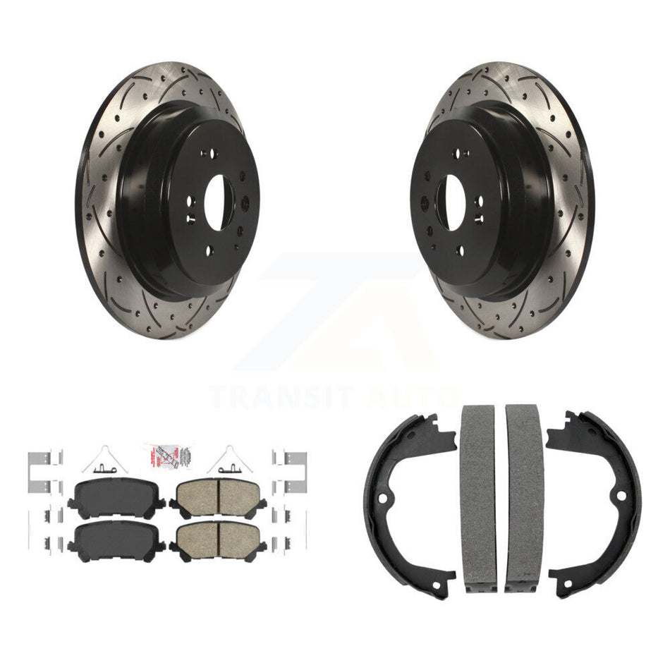 Rear Disc Drilled & Slotted Rotors Ceramic Pads Parking Shoes Kit For 2014-2016 Acura MDX KDA-103216