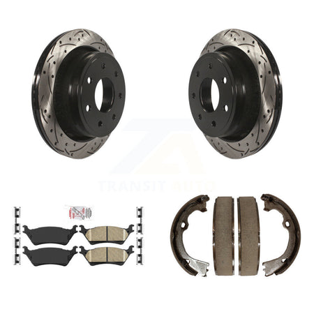 Rear Disc Drilled & Slotted Rotors Ceramic Pads Parking Brake Shoes Kit For Ford F-150 KDA-103217