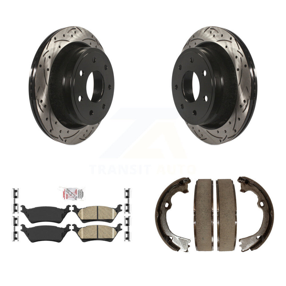 Rear Disc Drilled & Slotted Rotors Ceramic Pads Parking Brake Shoes Kit For Ford F-150 KDA-103217