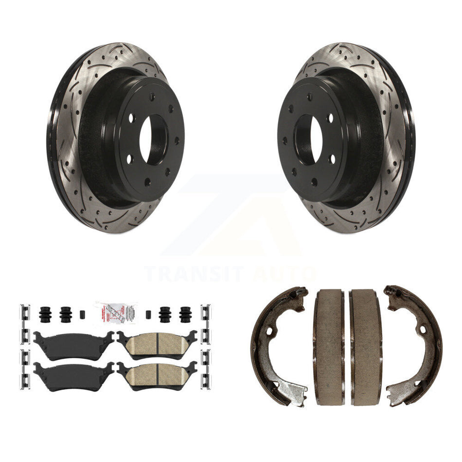 Rear Disc Drilled & Slotted Rotors Ceramic Pads Parking Brake Shoes Kit For Ford F-150 KDA-103218
