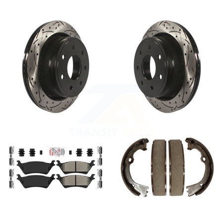 Rear Disc Drilled & Slotted Rotors Semi-Metallic Pads Parking Shoes Kit For Ford F-150 KDA-103219