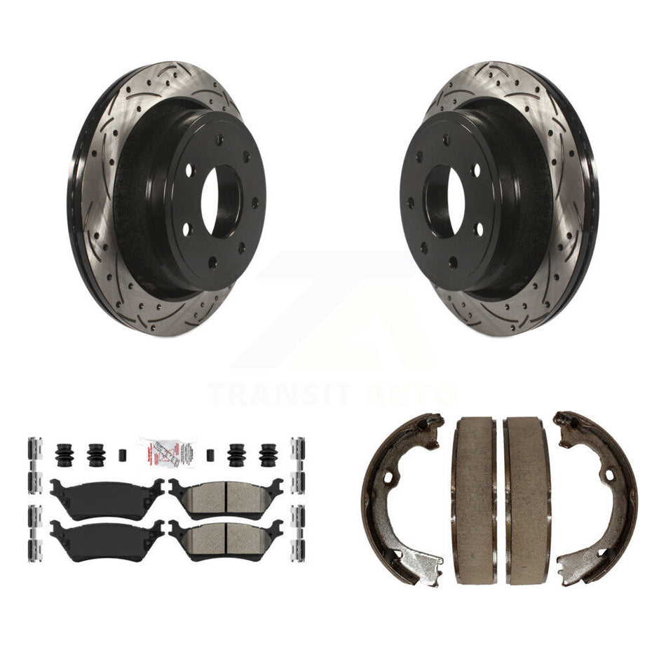 Rear Disc Drilled & Slotted Rotors Semi-Metallic Pads Parking Shoes Kit For Ford F-150 KDA-103219