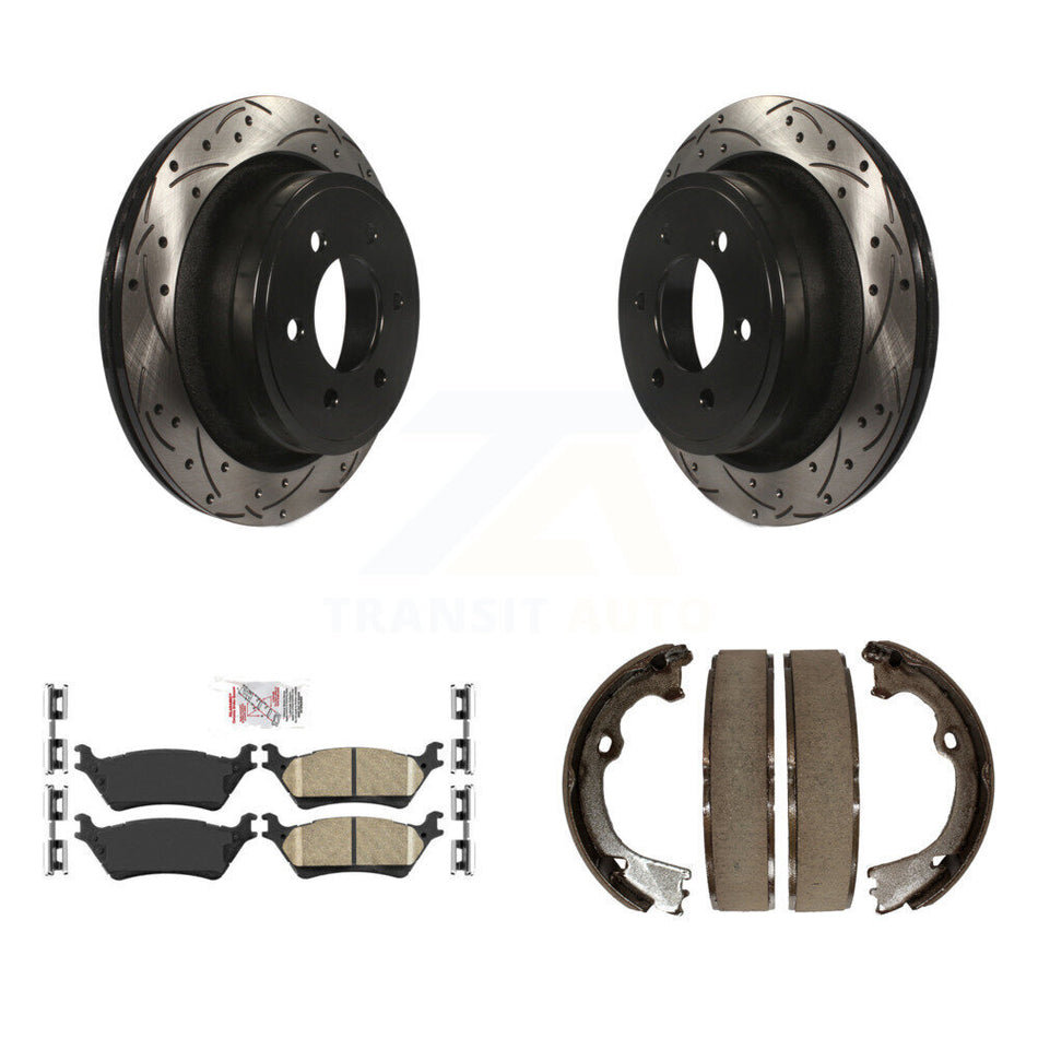 Rear Disc Drilled & Slotted Rotors Ceramic Pads Parking Brake Shoes Kit For Ford F-150 KDA-103220