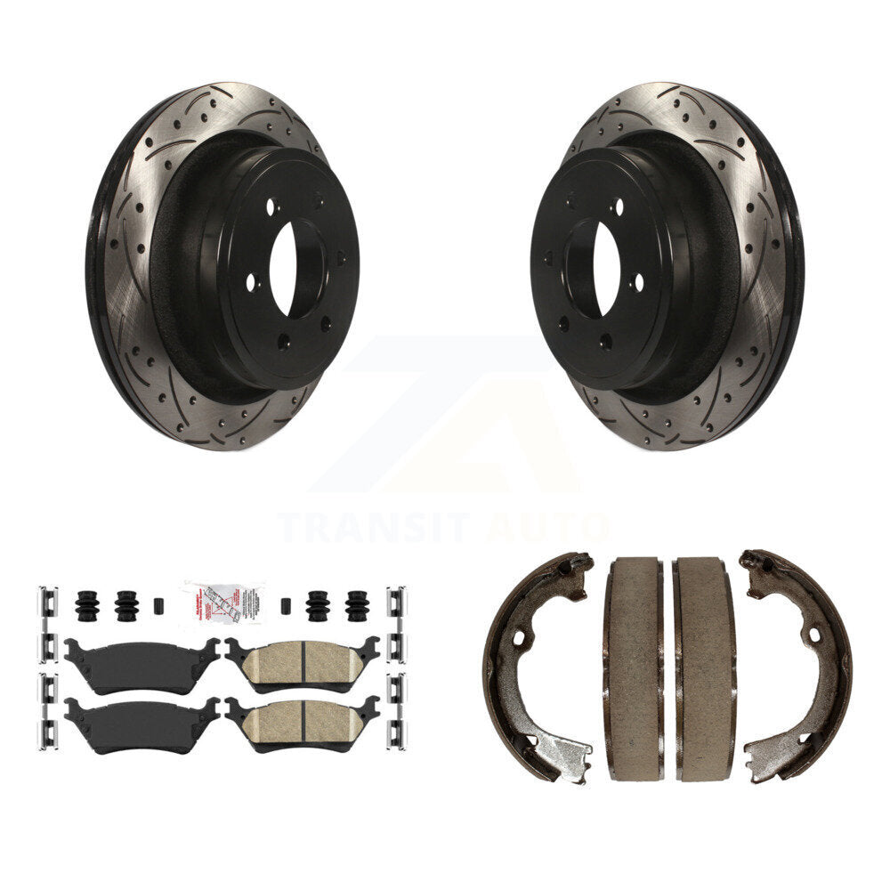 Rear Disc Drilled & Slotted Rotors Ceramic Pads Parking Brake Shoes Kit For Ford F-150 KDA-103221