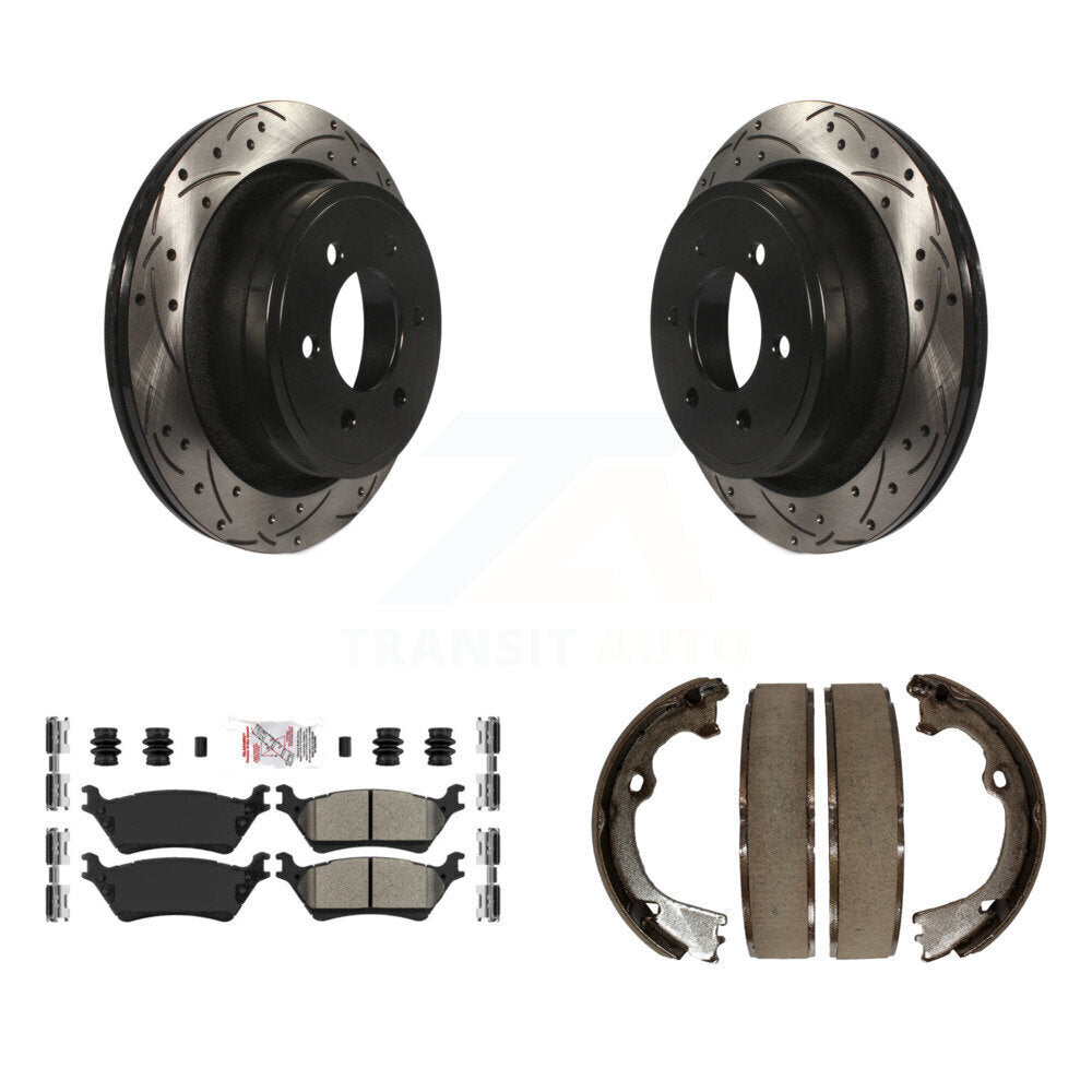 Rear Disc Drilled & Slotted Rotors Semi-Metallic Pads Parking Shoes Kit For Ford F-150 KDA-103222