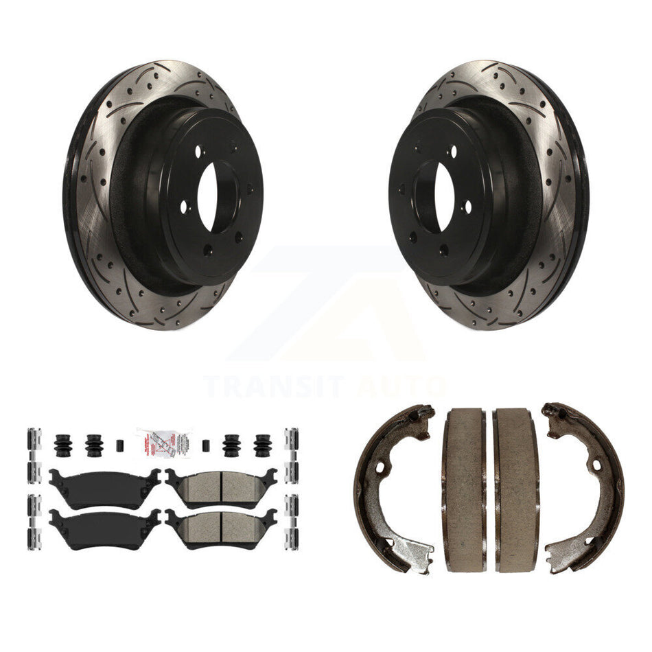 Rear Disc Drilled & Slotted Rotors Semi-Metallic Pads Parking Shoes Kit For Ford F-150 KDA-103222