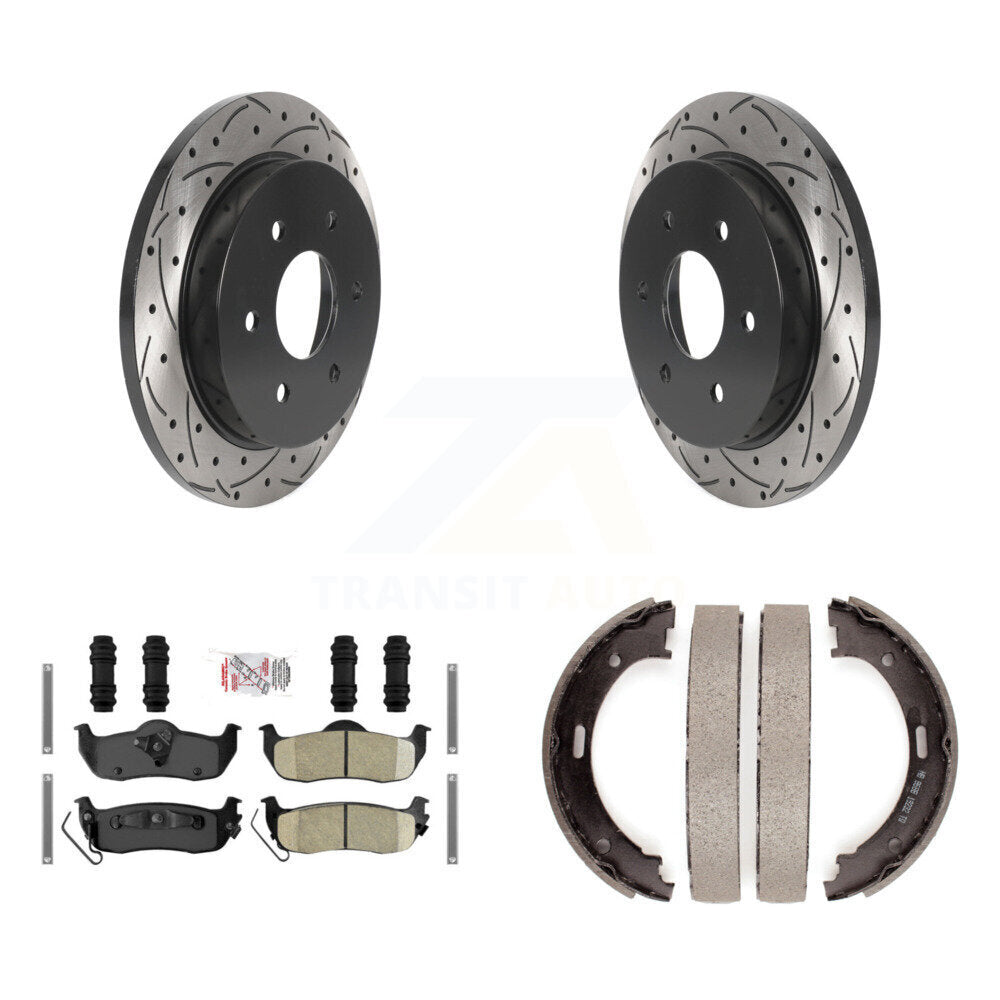 Rear Disc Drilled & Slotted Rotors Ceramic Pads Parking Shoes Kit For Nissan TITAN Armada KDA-103223