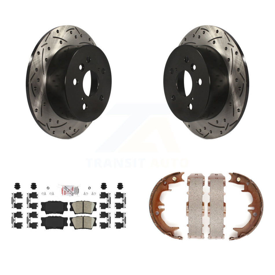 Rear Disc Drilled & Slotted Rotors Ceramic Pads Parking Shoes Kit For Toyota Camry Lexus KDA-103225