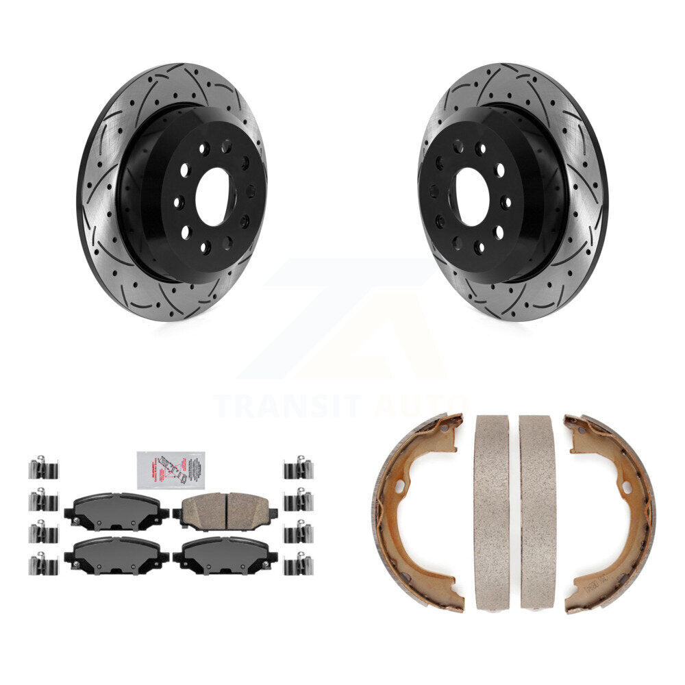 Rear Disc Drilled & Slotted Rotors Ceramic Pads Parking Shoes Kit For Jeep Wrangler Sport KDA-103230
