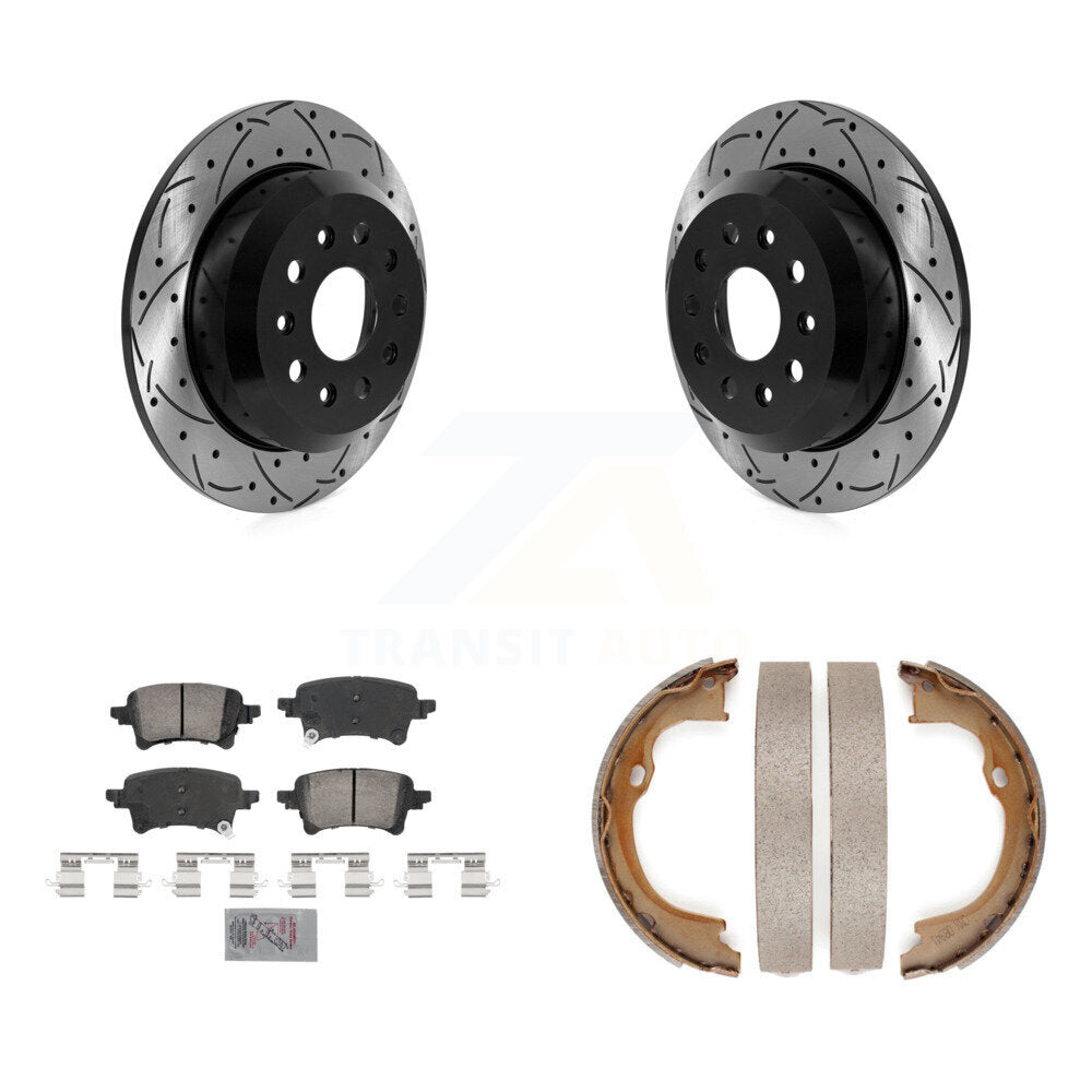 Rear Disc Drilled & Slotted Rotors Ceramic Pads Parking Brake Shoes Kit For Jeep Wrangler KDA-103232