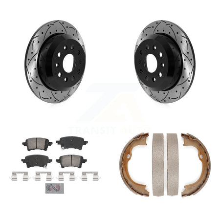Rear Disc Drilled & Slotted Rotors Ceramic Pads Parking Brake Shoes Kit For Jeep Wrangler KDA-103232