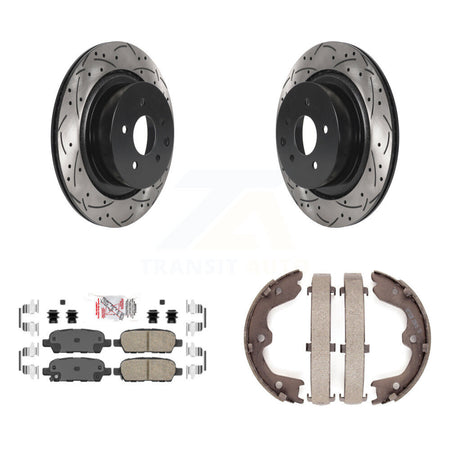 Rear Disc Drilled & Slotted Rotors Ceramic Pads Parking Shoes Kit For INFINITI G37 G35 KDA-103238