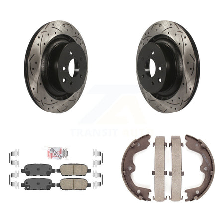 Rear Disc Drilled & Slotted Rotors Ceramic Pads Parking Brake Shoes Kit For INFINITI Q60 KDA-103241