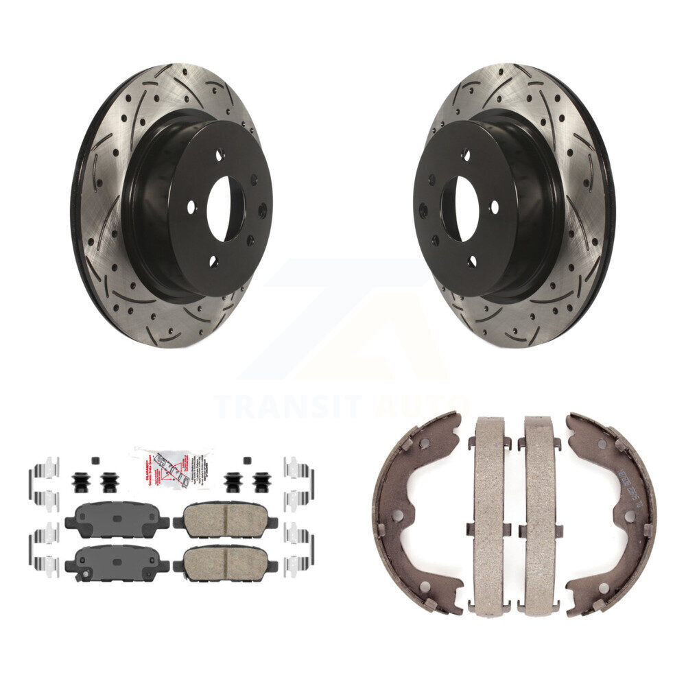 Rear Disc Drilled & Slotted Rotors Ceramic Pads Parking Shoes Kit For INFINITI EX35 M35 KDA-103245