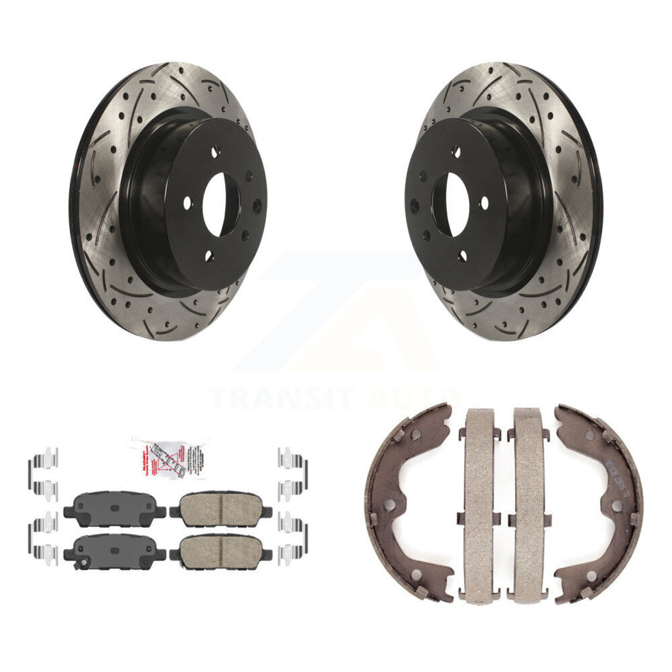 Rear Disc Drilled & Slotted Rotors Ceramic Pads Parking Shoes Kit For INFINITI EX35 M35 KDA-103246