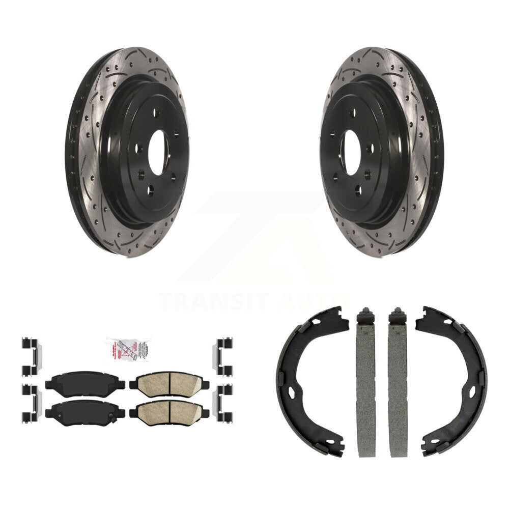 Rear Disc Drilled & Slotted Rotors Ceramic Pads Parking Brake Shoes Kit For Cadillac CTS KDA-103249