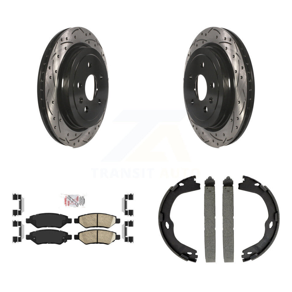 Rear Disc Drilled & Slotted Rotors Ceramic Pads Parking Brake Shoes Kit For Cadillac CTS KDA-103249