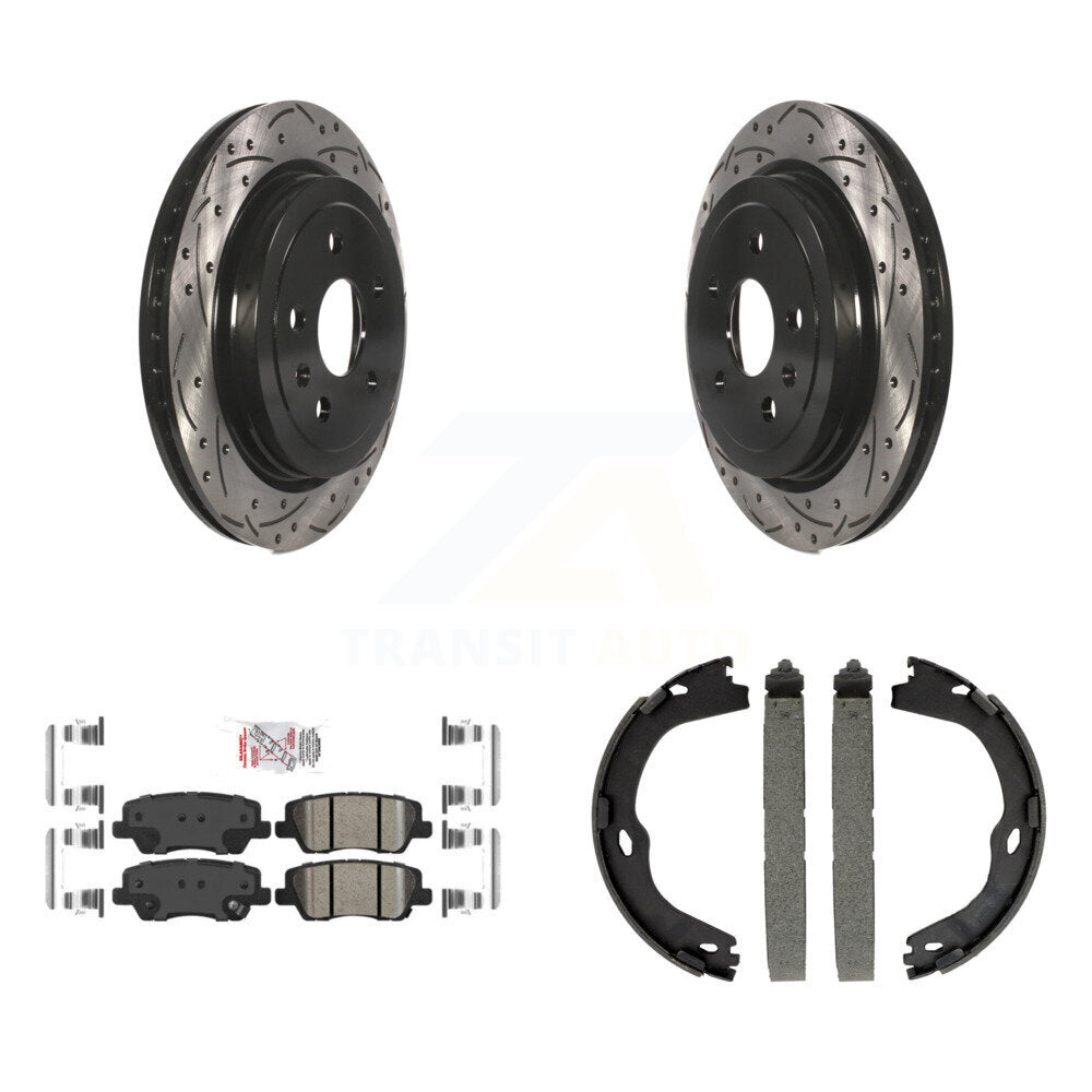 Rear Disc Drilled & Slotted Rotors Ceramic Pads Parking Brake Shoes Kit For Cadillac CTS KDA-103250