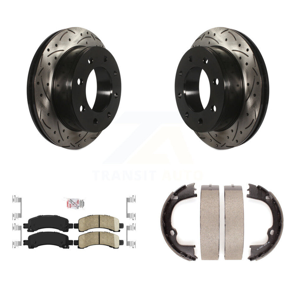 Rear Disc Drilled & Slotted Rotors Ceramic Pads Parking Shoes Kit For Chevrolet GMC 2500 KDA-103253
